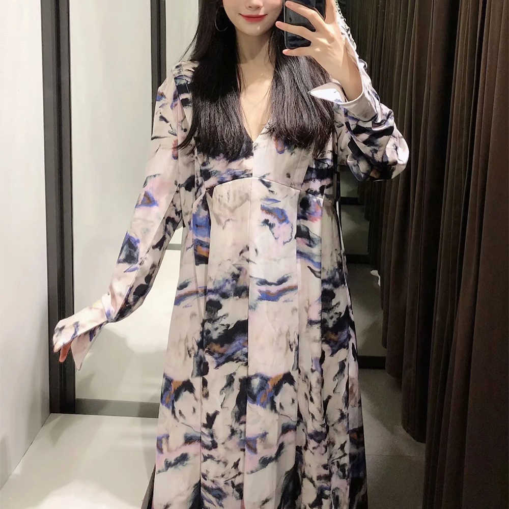 Women Dress Printed V-neck Elegant Fashion Casual Midi Woman Dresses Femme Robe Ropa Mujer Vestidos 210709