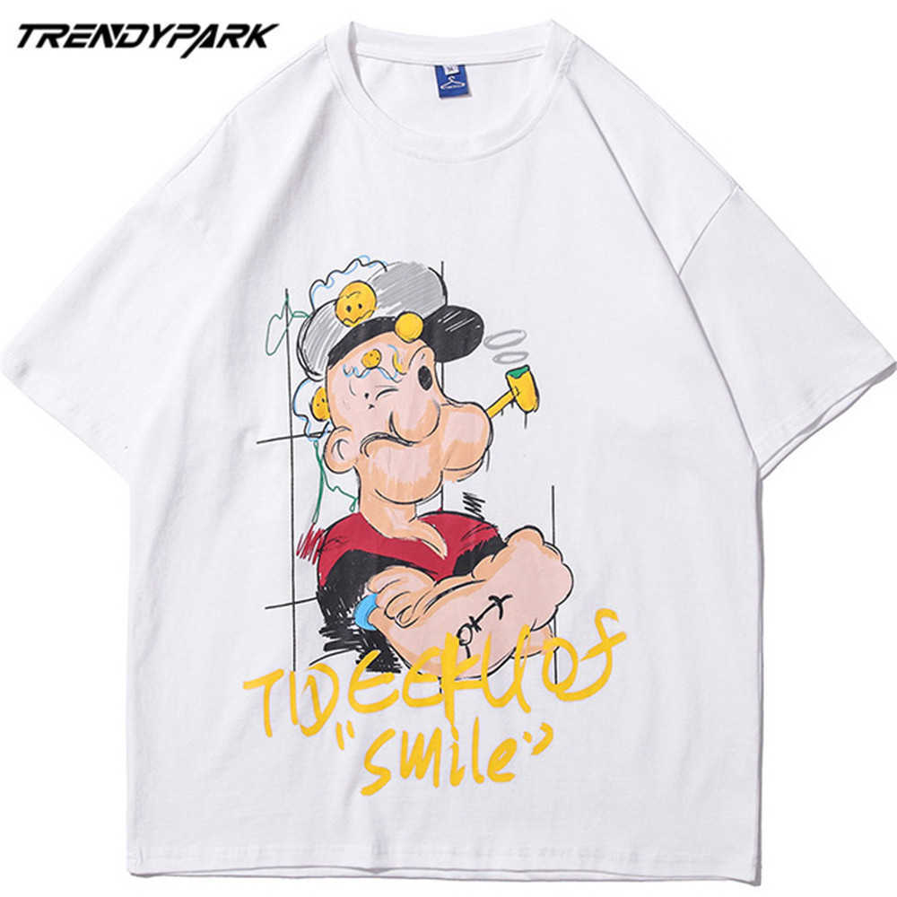 Men's Sailor Printed Tshirt Summer Short Sleeve Cartoon Printed Tee Hip Hop Oversized Cotton Casual Harajuku Streetwear Tshirts 210601