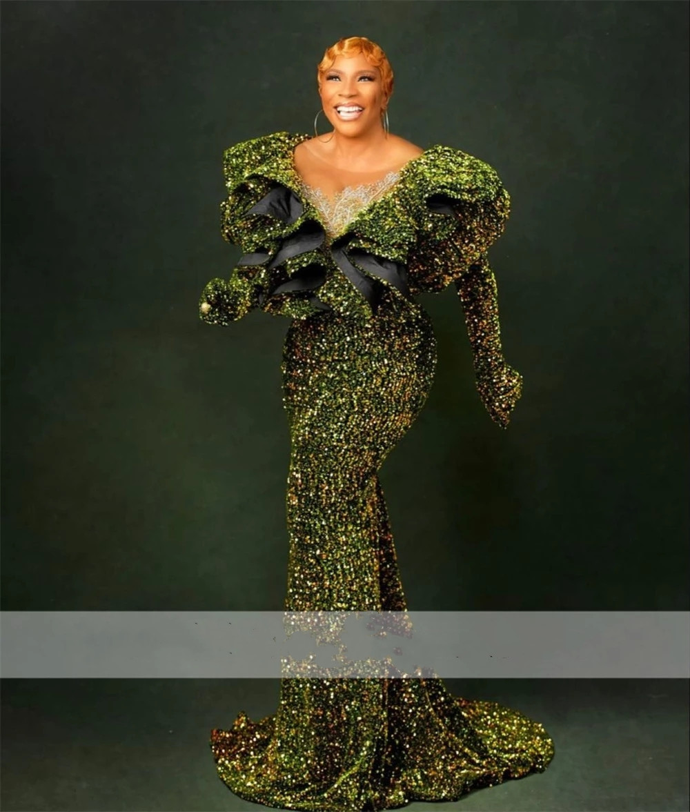 Elegant Green Sequined Mermaid Evening Dresses For Arabic Women Cap Sleeve Lace Sexy African Formal Aso Ebi Prom Gowns Mal Mal
