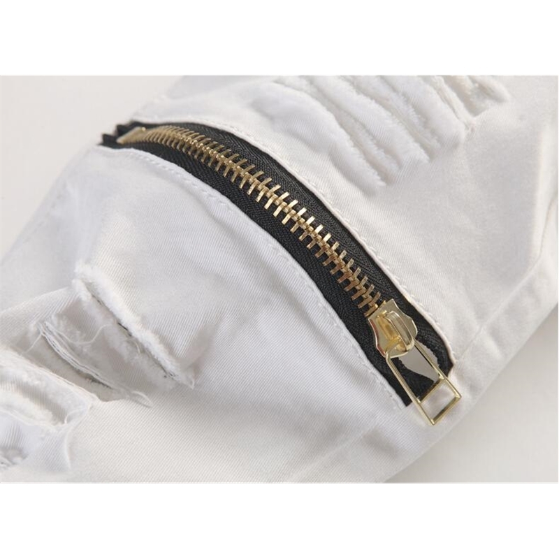 Men's Pants Hole Cut Slacks Knee with Zipper Foot Stretch Trousers Ripped Jeans White Skinny Pencil Pants Joggers for Male 210518