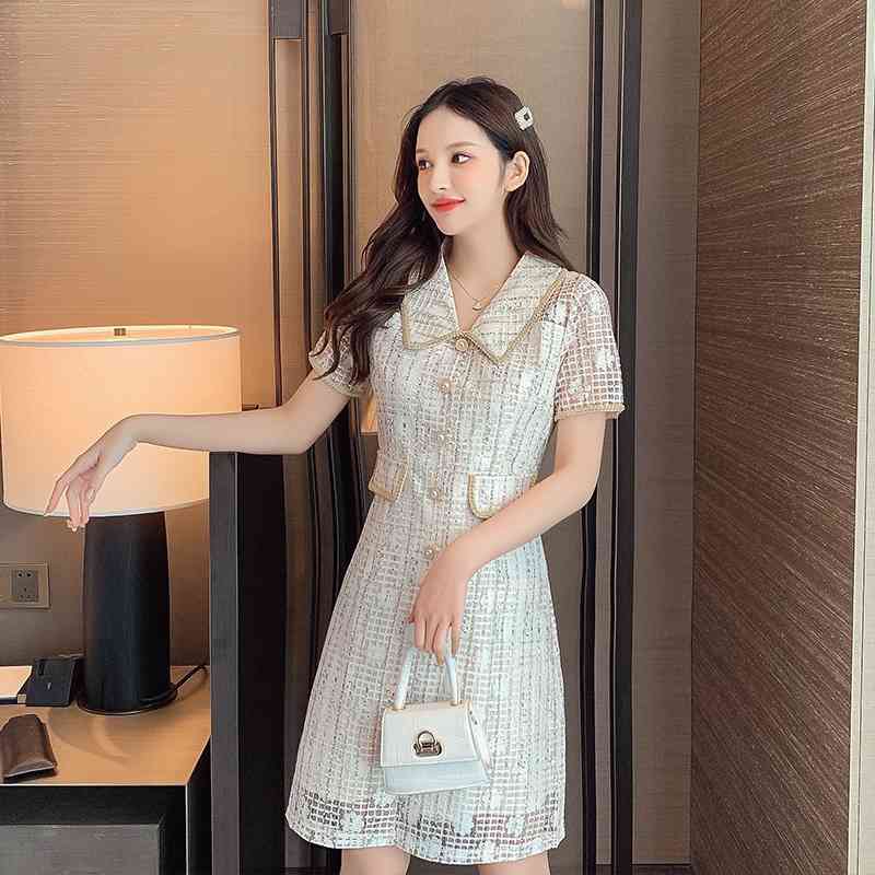 Fashion Women Summer Dress Female Short Sleeve Vintage Lace Hollow Out Peter Pan Collar Sweet Dresses Vestidos 210520