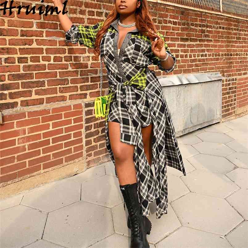 Vintage Shirts Dress for Women Fashion Plaid Irregular Plus Size Long Sleeve Turn-down Collar Maxi Autumn High Street 210513