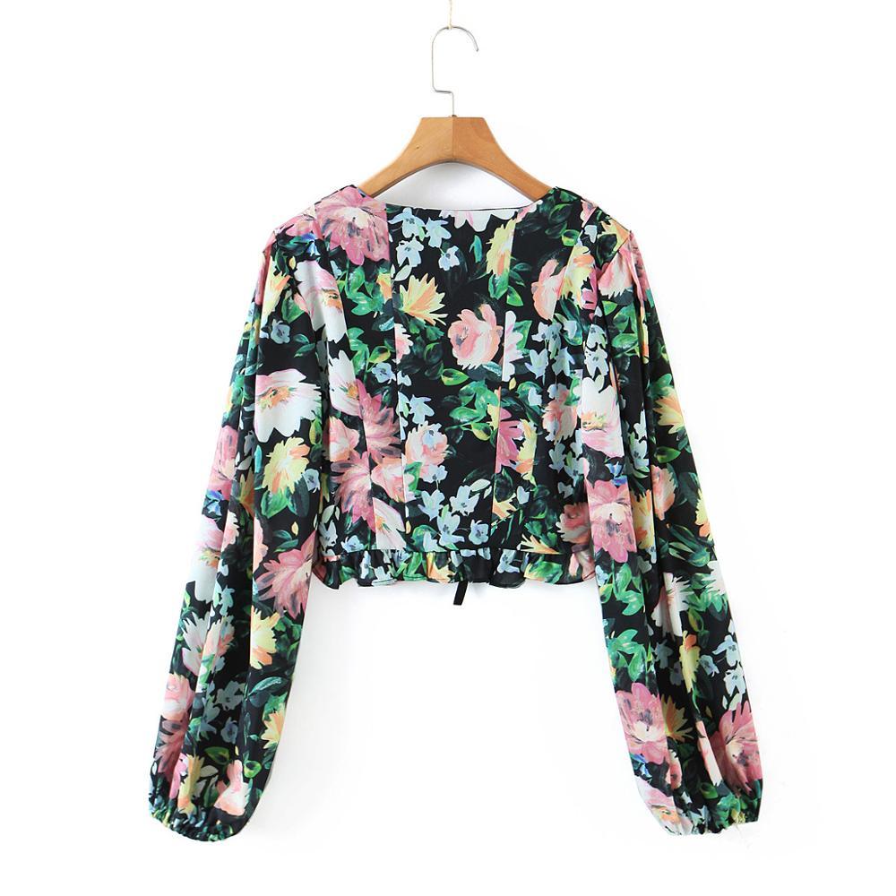 Stylish Women Sexy Tie bow Front Ruffle Hem Slim Fit Pullover Cropped Shirt High waist Short Blouse French Tops 210429