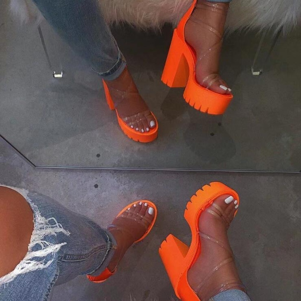 Neon Orange 2020 New Women's High-heeled Sandals Cross PVC Straps Outdoor Travel Sandals Rubber Bottom Non-slip Slippers Sandals Y0305