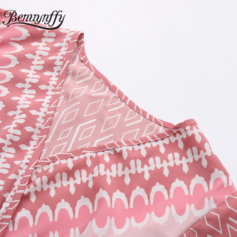 Surplice Neck Casual Printing Knee Length Women's Dresses Summer Short Sleeve Boho Female Belted A-Line Dress 210510