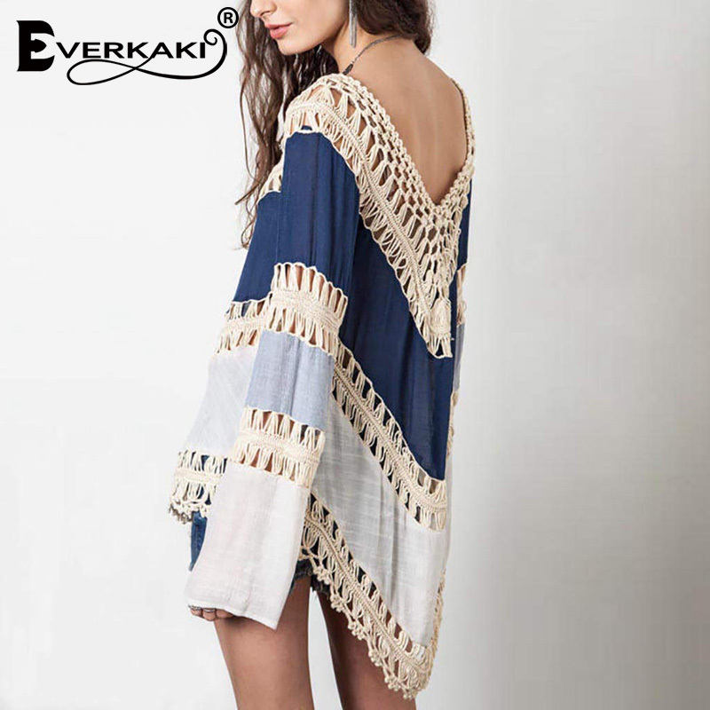 Everkaki Boho Hollow Out Patchwork Blouses Women Shirts Plus Size Long Sleeve Loose Bohemian Tops Blouse Female Spring New 210317