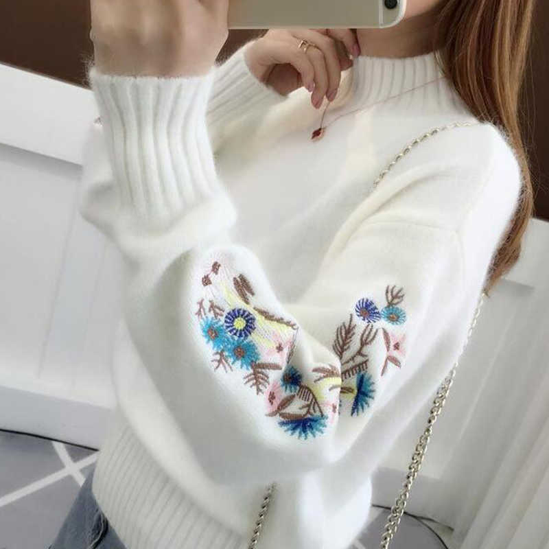 SURMIITRO Korean Women Turtleneck Autumn Winter Knitted Embroidery Jumper Women Sweaters And Pullovers Female Knitwear 210712wtt