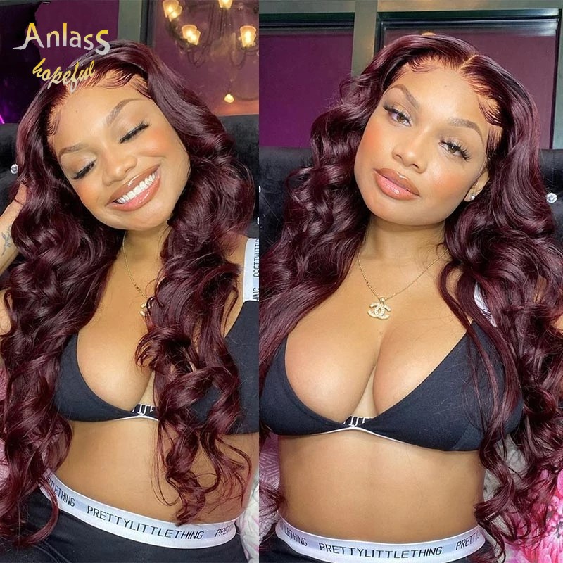 Free shipping Brazilian Long Deep Wave Full Lace Front Wigs Human Hair Heat Resistant Glueless Wine Red Synthetic Wig for Black Women
