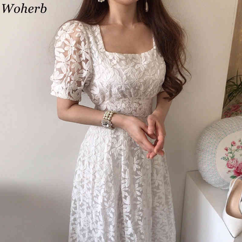 Women Long Robe Spring Summer Elegant Lace Floral Dresses Patchwork Korean Chic Ladies Party Vestido 210519