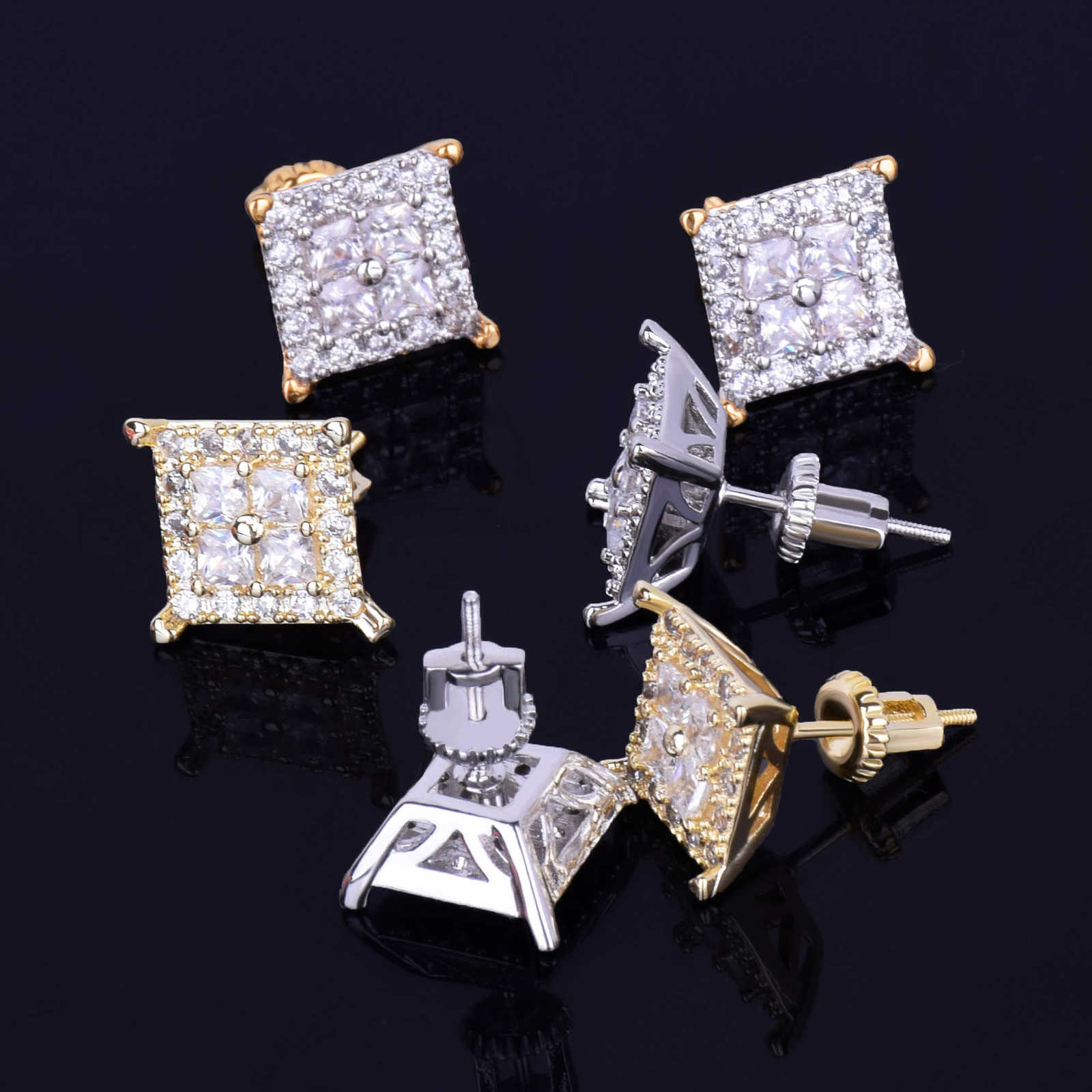 12MM Square Baguette Zircon Stud Earring Silver Color Charm Screw Back Women Men's Earrings Fashion Hip Hop Jewelry 211009