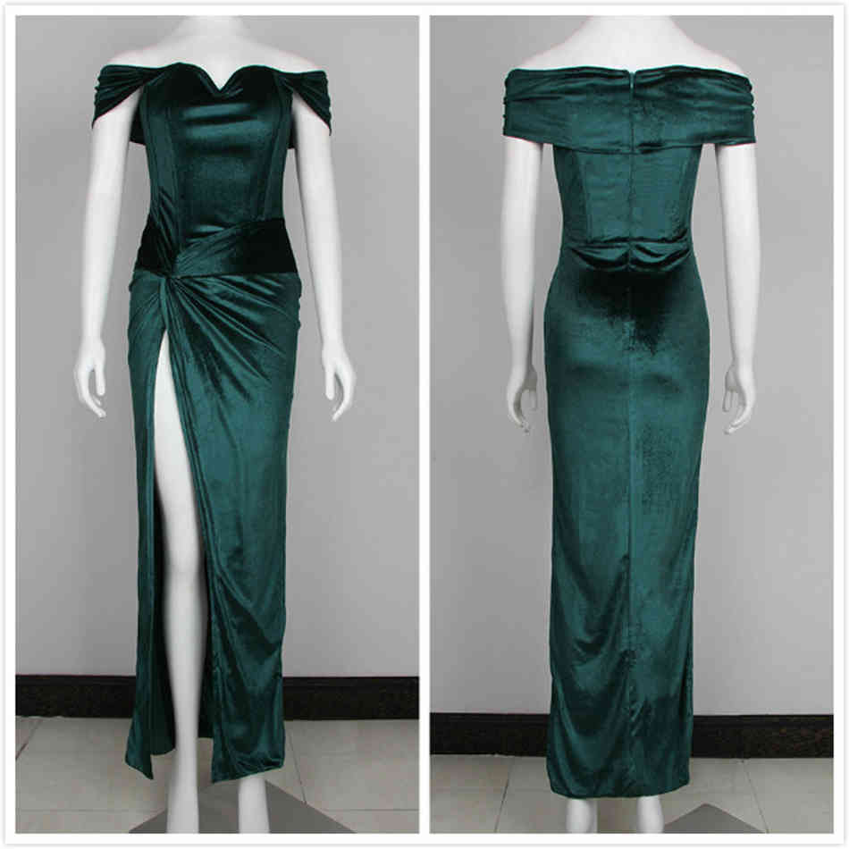 Free Women's Green Velvet Long Dress Sexy V-neck Short Sleeve Bodycon Draped Club Party Split Vestidos 210524