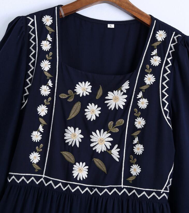 Summer Bohemia Ethnic Round Neck Embroidery Flower Dress Hippie Women 3/4 Sleeve Loose Midi Long Dresses Holiday 210429