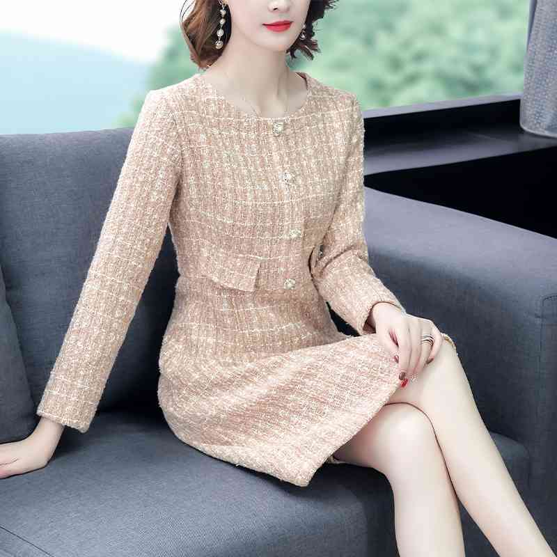 Tweed Woolen Dress For Women Full Sleeve Bodycon Robe Ladies Autumn And Winter Office Female Elegant 210520