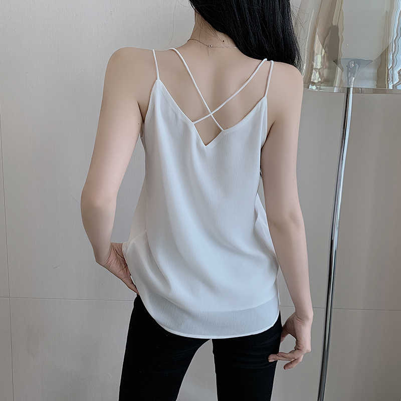 Summer Korean Fashion Chiffon Tank Top Women Solid Sleeveless Spaghetti Strap Plus Size XXL Black s for 210531