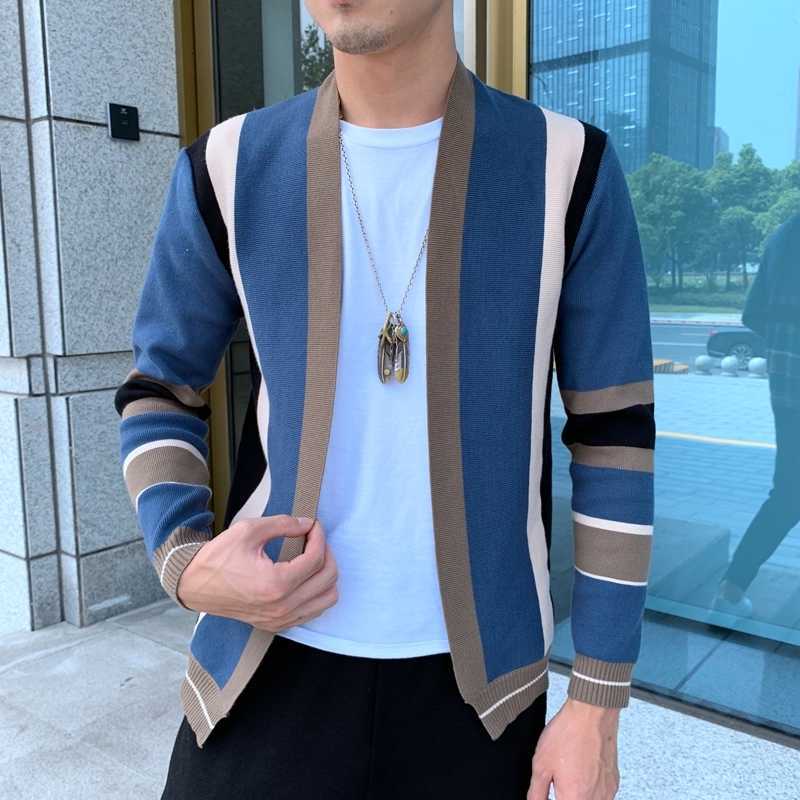 Splicing Contrast Sweater Coat Casual Men Sweatercoat Tricot Cardigan Knitted Sweater Casaco Masculino Hombre Cardigan Sweater 211008