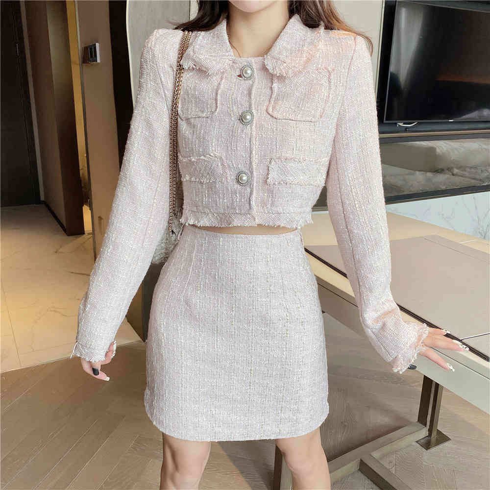 Autumn Winter Two Piece Set Elegant Skirt Suit Fashion Tweed Long Sleeve Crop Top + Bodycon Mini Outfits 210519