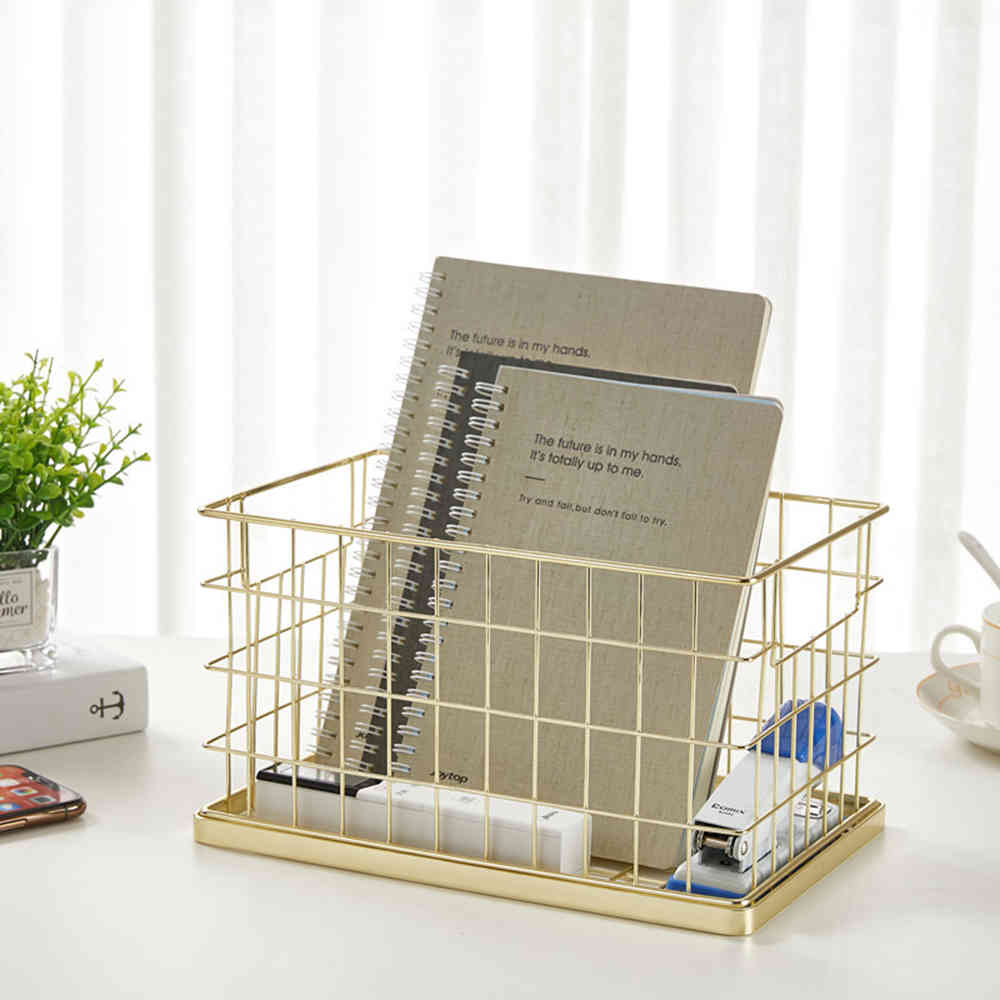 Wrought Iron Gold Storage Basket Office Desk Sundries Makeup Brushes Pen Holder Table Cosmetic Organizer Net Basket