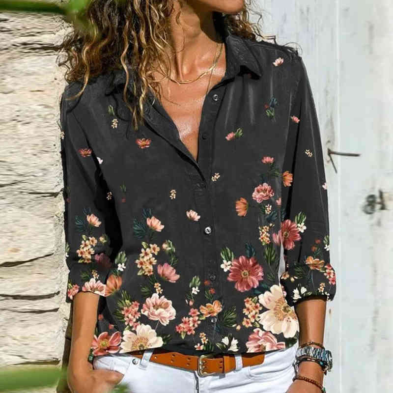 Women's Deep V Neck Shirts Tops Woman Elegant Printed Female Shirt Fall Retro Floral Long Sleeve Top Ladies Blouses 210515