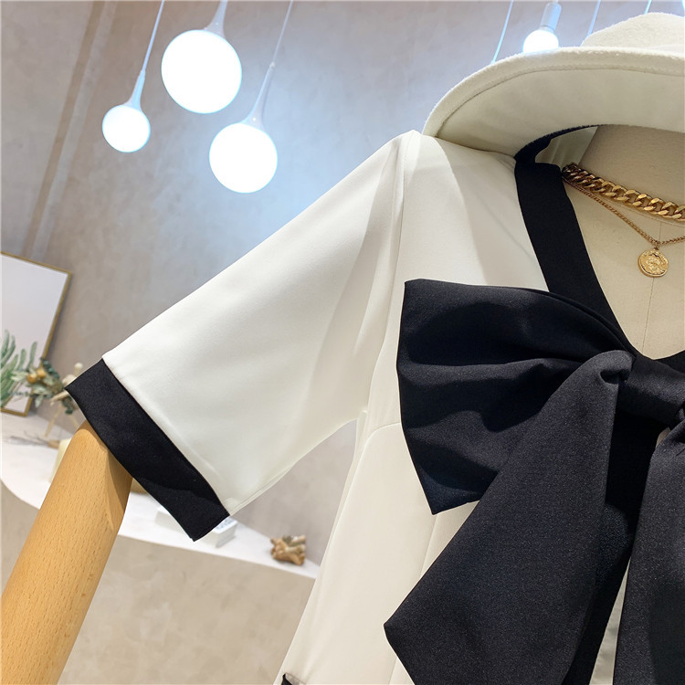 Summer Dresses Women Vintage Big Bow Hit Color High Waist Single Breasted Casual Slim Mini 210519