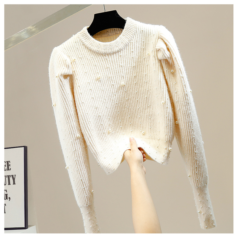 New design womens o-neck luxury design beading puff long sleeve knitted sweater tops jumpers