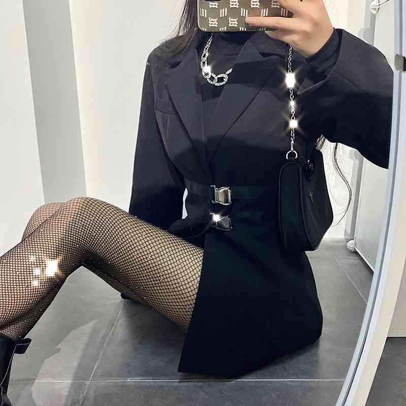 WOMENGAGA Winter School Bag Buckle High Waist Belt Show Slim Long Suit Coat Blazers Sexy Womens Tops NH1F 210603