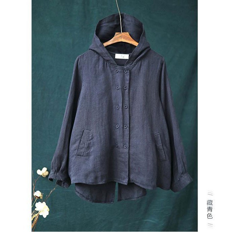 Spring Autumn Arts Style Women Double Breasted Casual Hooded Coat Loose Cotton Linen Solid Jackets Femme Coats M286 210512