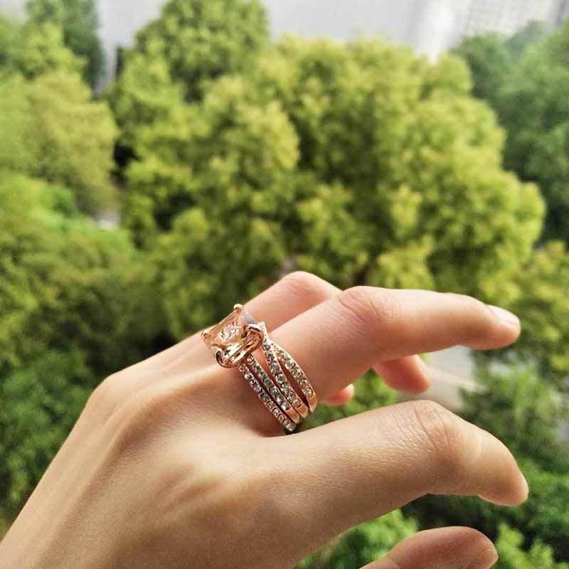 Wedding Rings Shining Champagne Morganite Crystal Multilayer Finger Ring CZ Jewelry For Women Girls