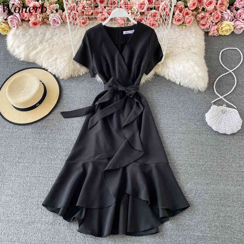 Summer Woman Dress Elegant Temperament Vestidos V-neck Slim Waist Robe Irregular Lace Up Ruffles Dresses Female 210422