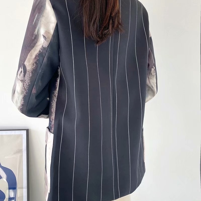 Vintage Women Pocket Print Blazers Fashion Ladies Striped Patchwork Coats Causal Female Chic Double Breasted Jacket 210527