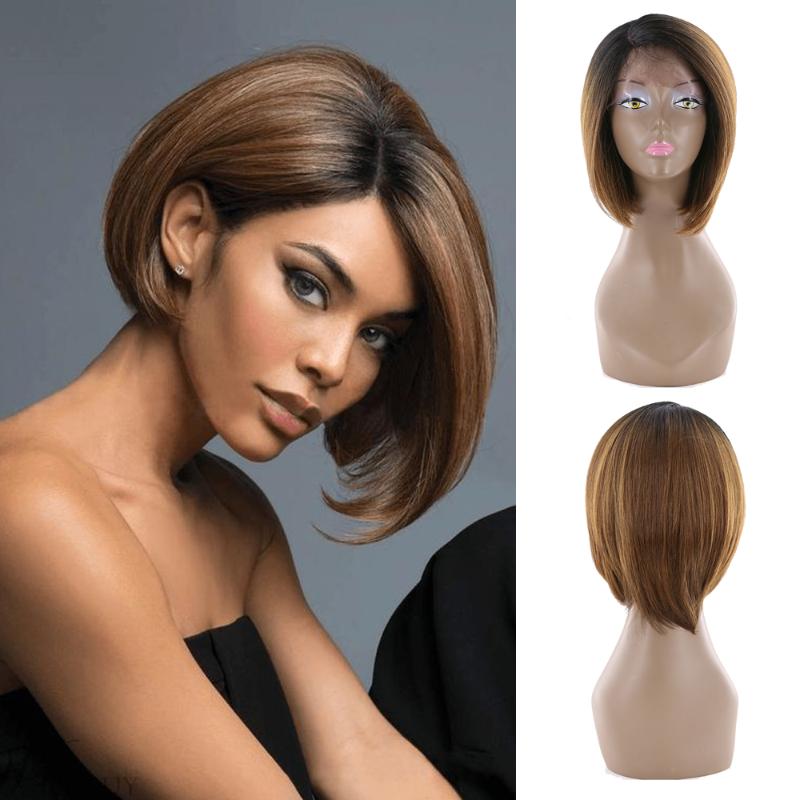 Synthetic Wigs Short Bob Ombre Brown Blonde Lace Front Wig For Black Women X-TRESS Side Part With Baby Hair