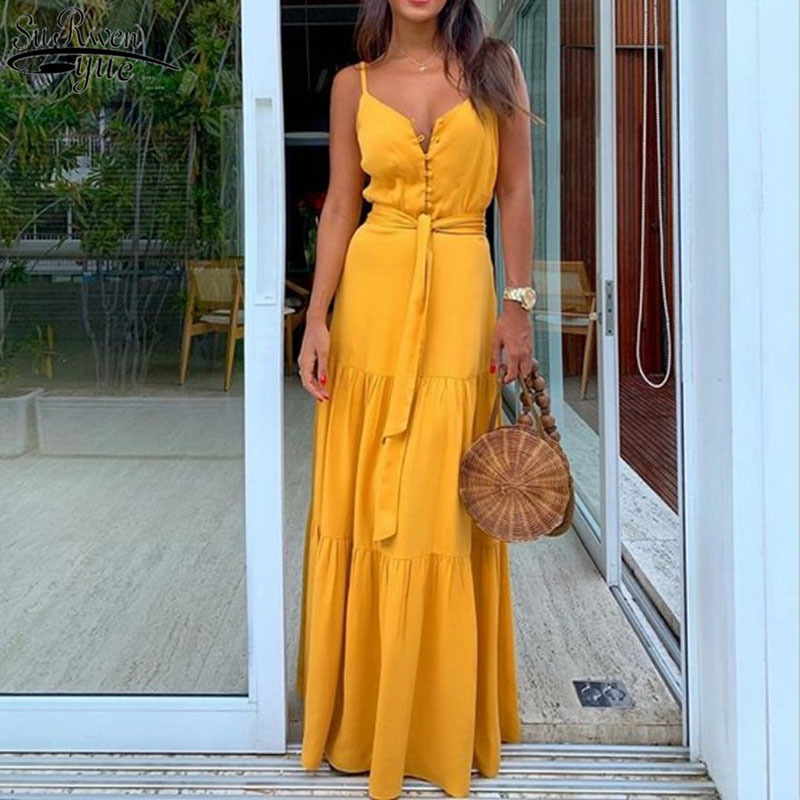 Summer Long Dress Pop Solid Color Button V-neck Sling Sleeveless Women Beach es Femme Robe with Belt 12855 210510