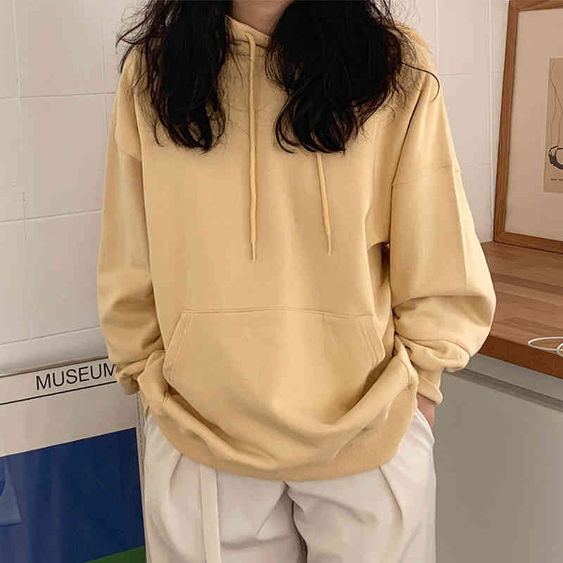 Nomikuma Autumn Winter Plus Velet Women Hooded Sweatshirt Long Sleeve Causal Solid Hoody New Korean Hoodies Jumper 6C714 210427