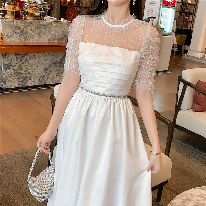 Runway Summer Dress Woman Milk White High Waist Mesh Patchwork Pile up Sleeve Elegant Party es Female 210506