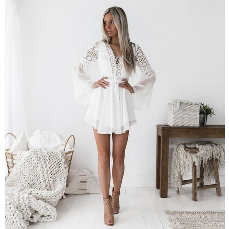 Bohemian Chiffon Dress Women Sexy Party Dresses V Neck Hollow Out Flare Sleeve Elegant White Women's Boho Dresses Beachwear 210422