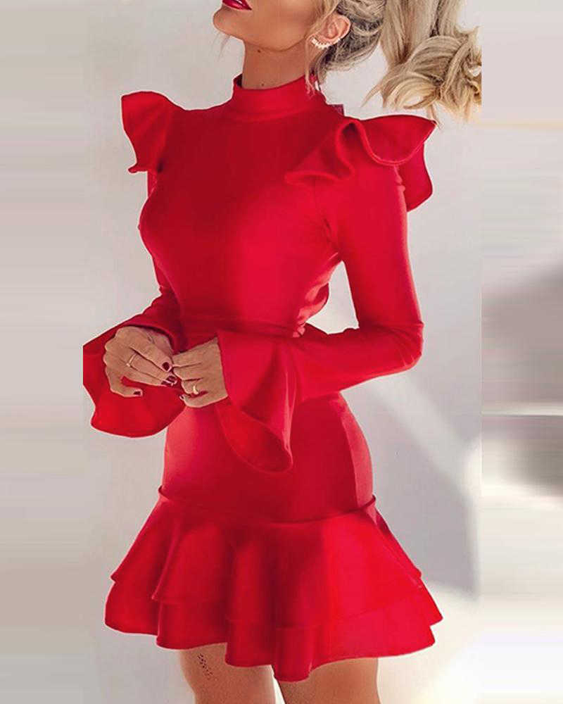 Fashion Women Sexy Backless Dresses Long Sleeve Mini Red Nightclub Dress Ruffle Hem Flare Sleeve Lace-up Back Party Dress 210716