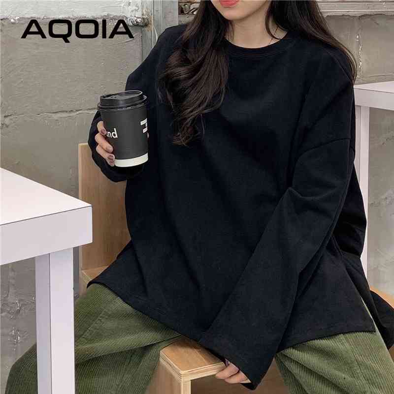 AQOIA Streetwear Y2K Long Sleeve White Black Women T Shirt Plus Size Loose ops Autumn irregular Split Female Shirts 210521