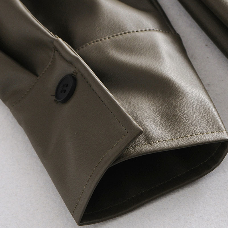 Army Green Color Shirt Dress Women Long Sleeve Pu Leather Pleated Split Office Knee Length Autumn Spring 210515