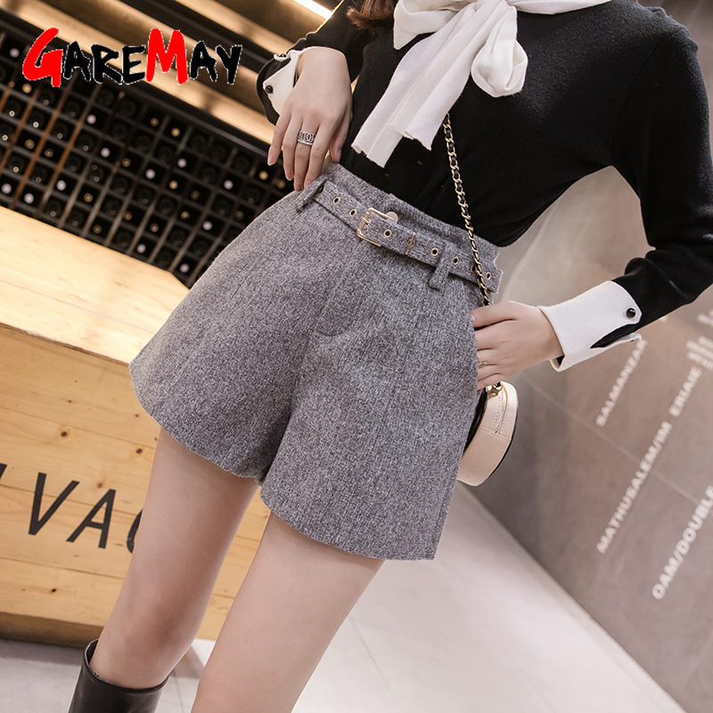 Autumn Winter Women Wide Leg Woolen Shorts High Waist Outerwear Warm Casual with Belt A-line 210428