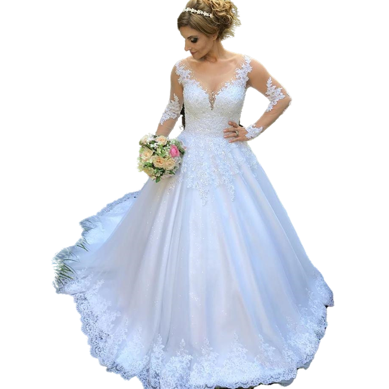 Gorgeous Garden White Ball Gown Wedding Dresses Long Sleeves Scoop Neck Appliques Lace Beaded Court Train Spring Bride Dress 2022 Formal Bridal Gowns
