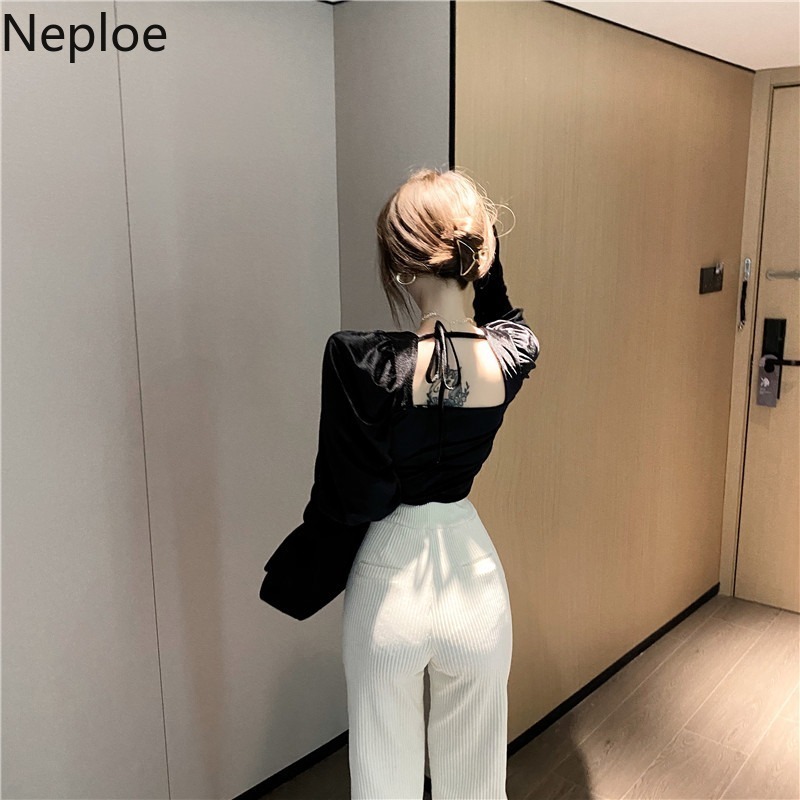 Neploe Square Collar Velvet Blouse Women Ropa Para Mujeres De Moda Temperament Shirt Slim Long Sleeve Chic White Blouses Tops 210422