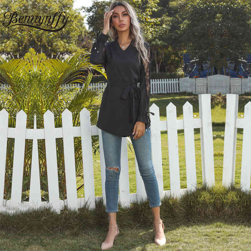 Notched Neck Lace Patchwork Long Sleeve Tops Blouses Women Spring Summer Black Elegant Office Lady Belted Blouse 210510