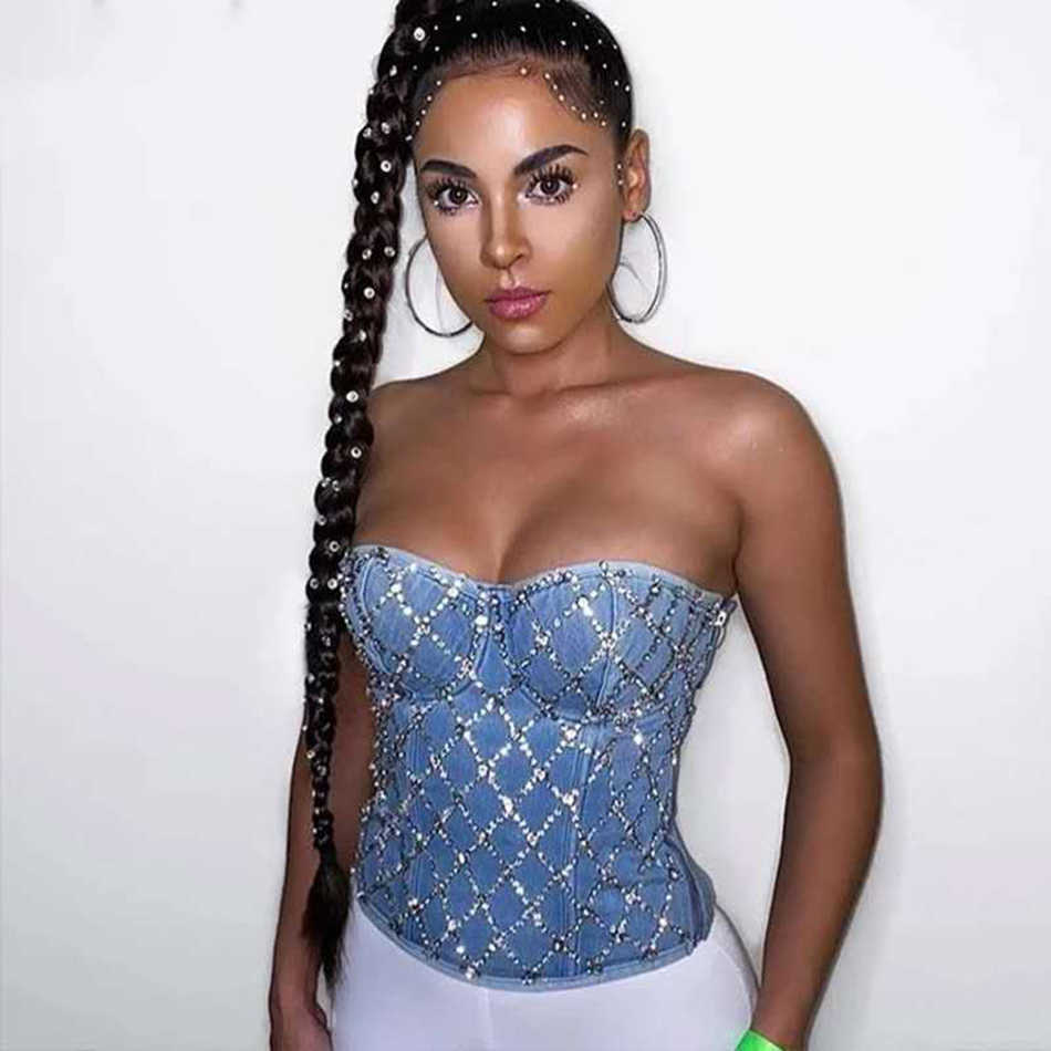Denim Scratched Women's Spaghetti Strap Diamonds Ripped Push Up Bustier Night Club Party Crop Top Corset Camise Vest 210625