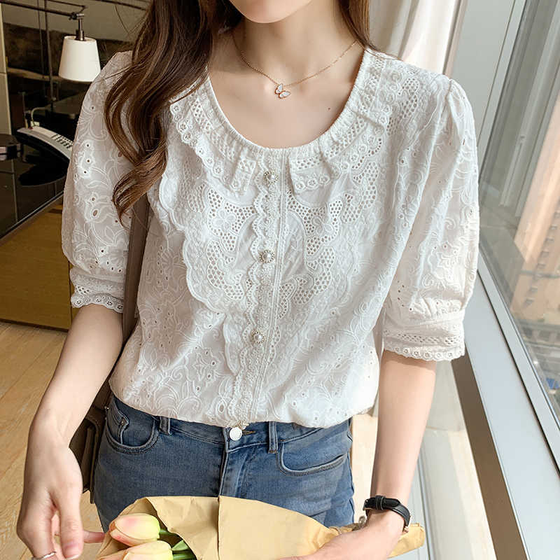 Summer Women's Blouse Korean Fashion Lace Shirt Vintage Solid Short Sleeve Fashion Ruffled Top and Blouse Camisa 14193 210527, White
Summer Women's Blouse Korean Fashion Lace Shirt Vintage Solid Short Sleeve Fashion Ruffled Top and Blouse Camisa 14193 210527, White