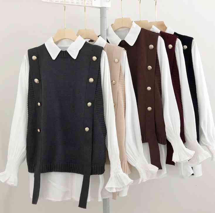 Neploe Korean Suit 2 Piece Set Women Preppy Style Loose Woman Clothes White Shirt Tops Knit Sweater Vest Two Piece Set Blouses 210422