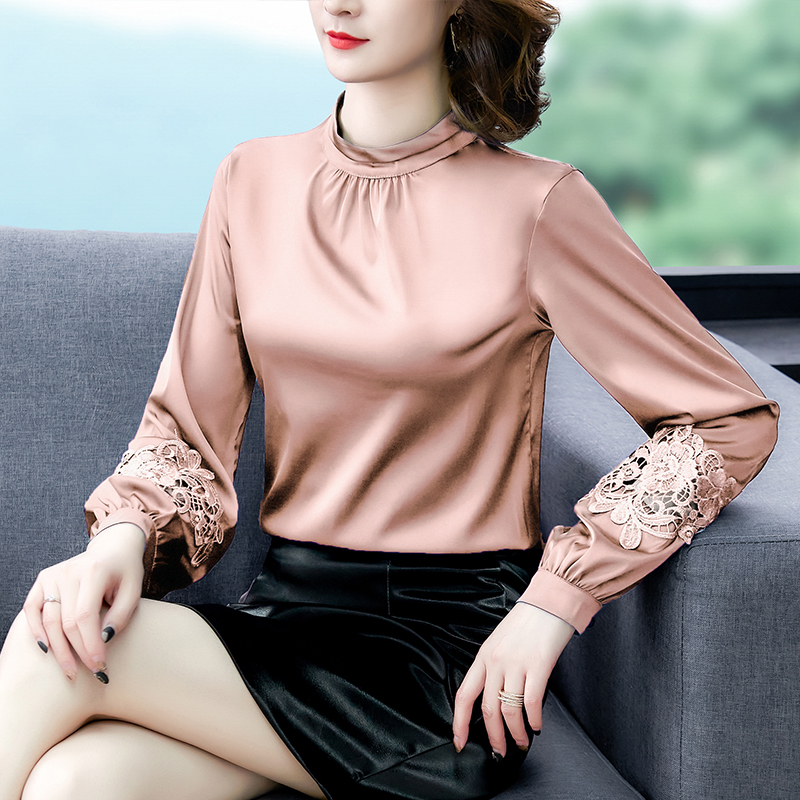 2021 New Fashion Solid Silk Shirt Women Embroidery Office Lady Long Sleeve Plus Size Women Blouse and Tops Blusas Mujer 8501 50 210317
