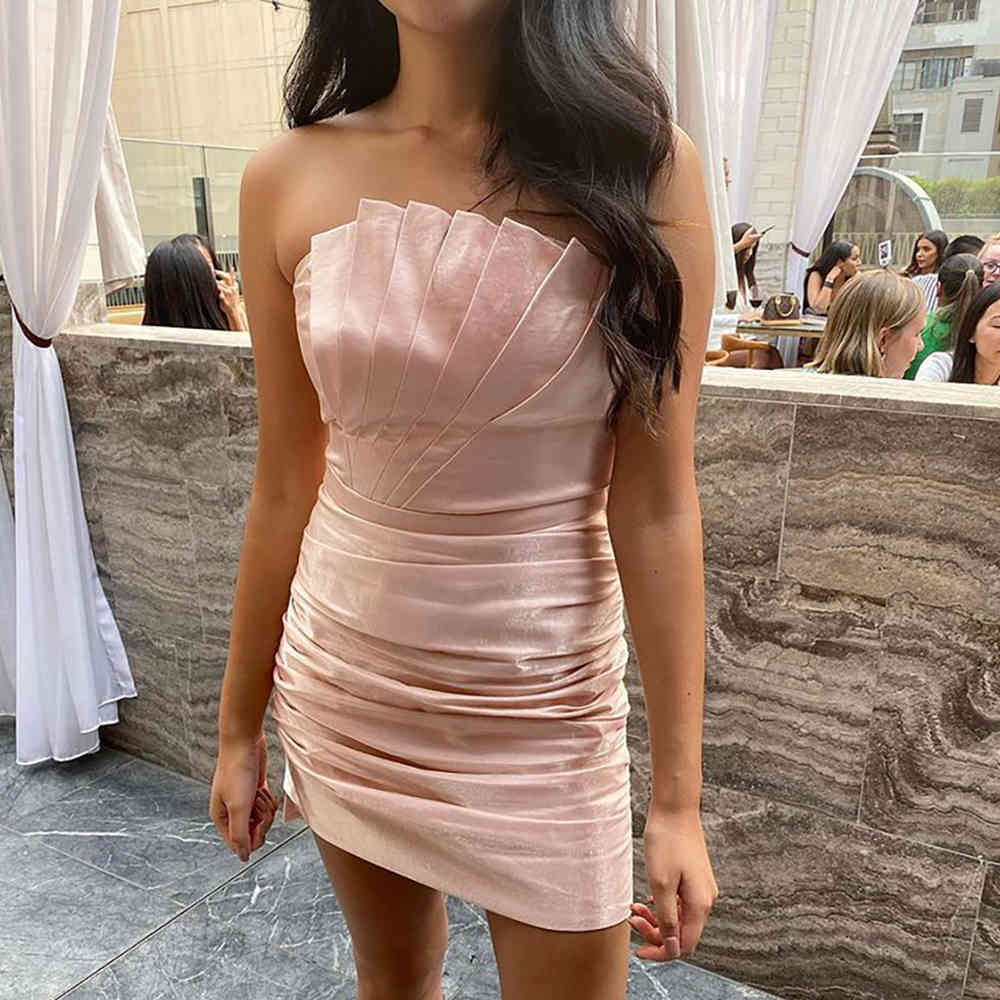 Arrival Summer Women's Dresses in Fashion Strapless Elegant Pink Pleated Sexy Mini Party Bodysuit 210525
