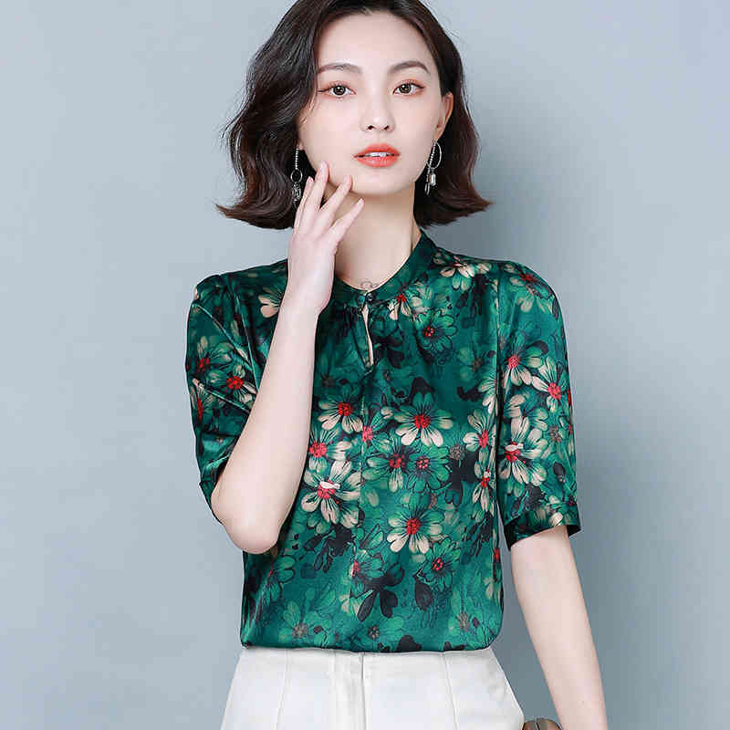 Fashion Silk Blouse Blusas Mujer De Moda Women Summer Plus Size Tops Vintage Print Stand Clothes 4XL Shirt 8910 50 210506