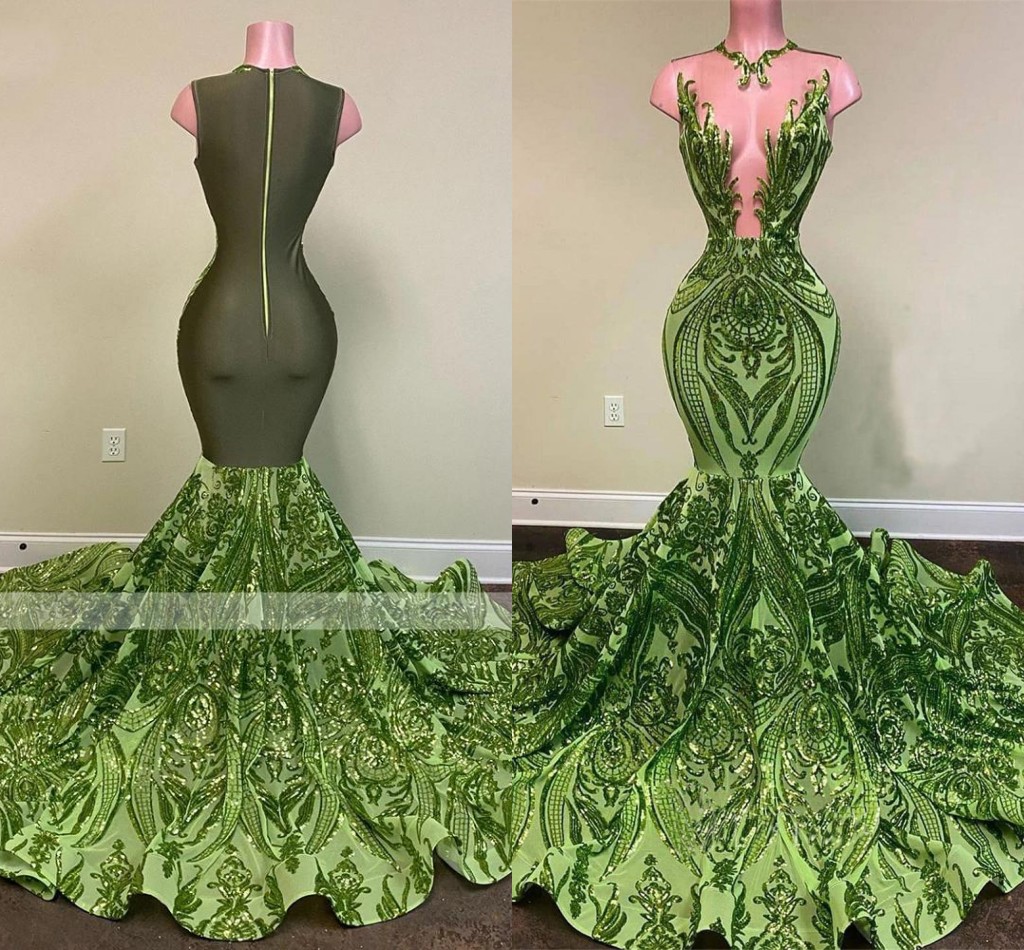 Sparkly Sequin Prom Dresses 2021 Green Lace Sexy Deep sheer o-neck African Women Glitter Mermaid Evening party Gowns robes de soirée