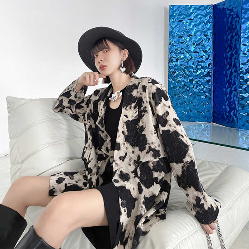 [EAM] Women Pattern Printed Big Size Thin Blazer Lapel Long Sleeve Loose Fit Jacket Fashion Spring Summer 1DE1526 210930