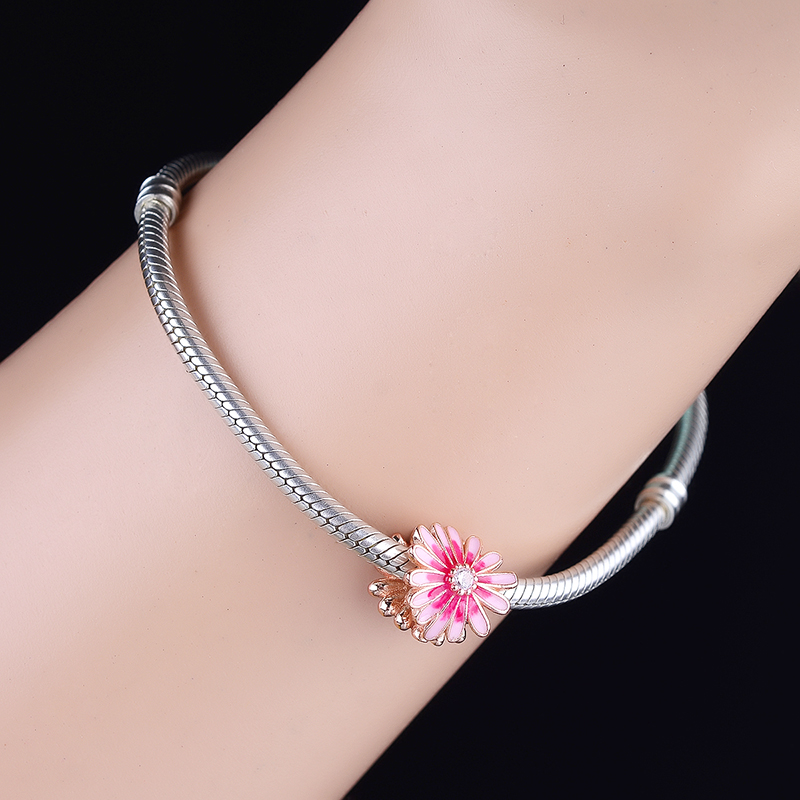 Authentic 925 Silver Fit Original Pan Charm Bracelet Pink Blue Enamel Daisy Flower Blooming Bead For Making Women Berloque